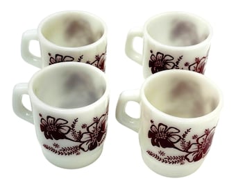 Vintage Fire-King Anchor Hocking Coffee Mug Lot 4 Floral Brown Milk Glass 70s