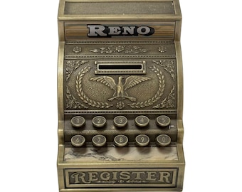 Vintage Reno Cash Register Piggy Bank Coin Bank Brass Color Eagle Hong Kong
