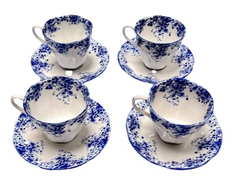 Royal Albert Dainty Blue White Tea Cups Set Lot 4 Fluted Scalloped