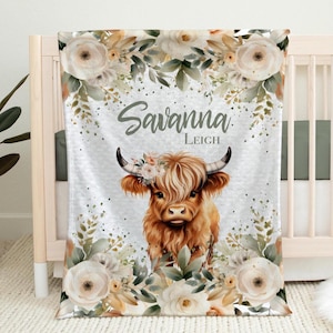 Personalized Boho Baby Blanket Newborn Gift, Little Girl Nursery Bedding, Highland Cow, Boho Decor,