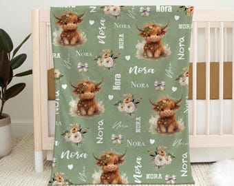 Personalized Highland Cow Blanket, Custom Baby Blanket, Farmhouse Nursery, Newborn Name Gift