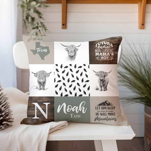 Personalized Nursery Pillow, Baby Boy Highland Cow Decor, Modern Nursery