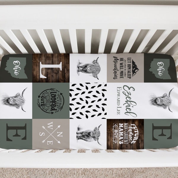 Personalized Baby Crib Sheet, Highland Cow Nursery, Nursery Bedding, Baby Bedding, Fitted Crib Sheet, Boho Bedding Set, Baby Boy Nursery.