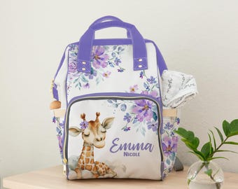 Personalized Giraffe Floral Diaper Backpack, Custom Baby Bag