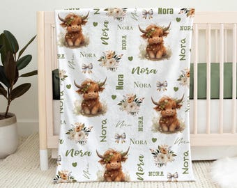 Personalized Highland Cow Blanket, Custom Baby Gift, Boho Nursery Decor, Newborn Name Gift
