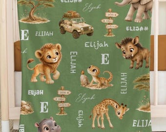 Personalized Safari Baby Blanket, Safari Animal, Newborn Name Gift, Neutral Nursery Decor,  Jungle Animals