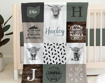 Personalized Baby Boy Blanket, Custom Highland Cow Nursery, Baby Shower, Sage Green