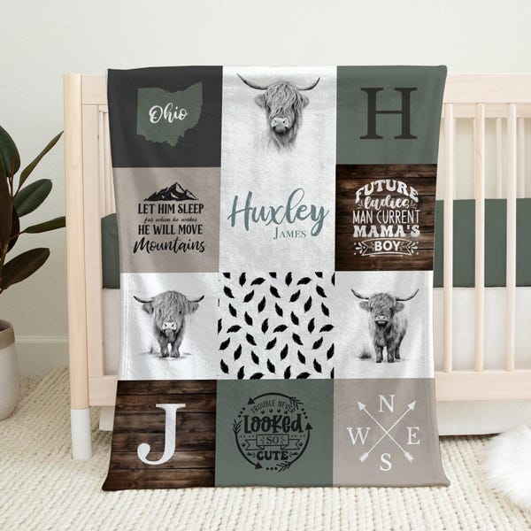 Personalized Baby Boy Blanket, Custom Highland Cow Nursery, Baby Shower, Sage Green