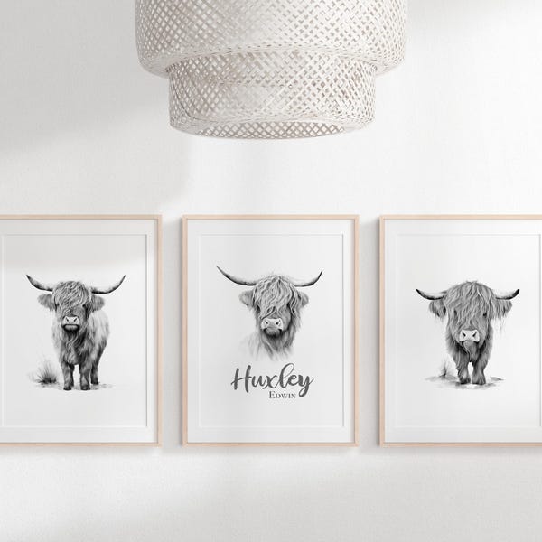 Personalized Nursery Wall Decor, Baby Name Sign, Highland Cow Art, Modern Kids Room,