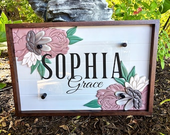 Personalized Floral Nursery Name Sign | Custom Baby Girl Name Sign | 3D Flower Wall Decor | Boho Nursery Decor | Wooden Name Sign