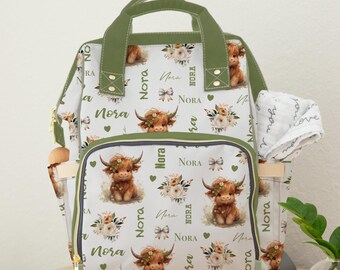 Personalized Highland Cow Diaper Bag, Baby Girl Name Gift, Custom Newborn Gift, Boho Nursery