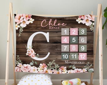 Personalized Floral Milestone Blanket, Baby Girl Photo Prop, Country Nursery