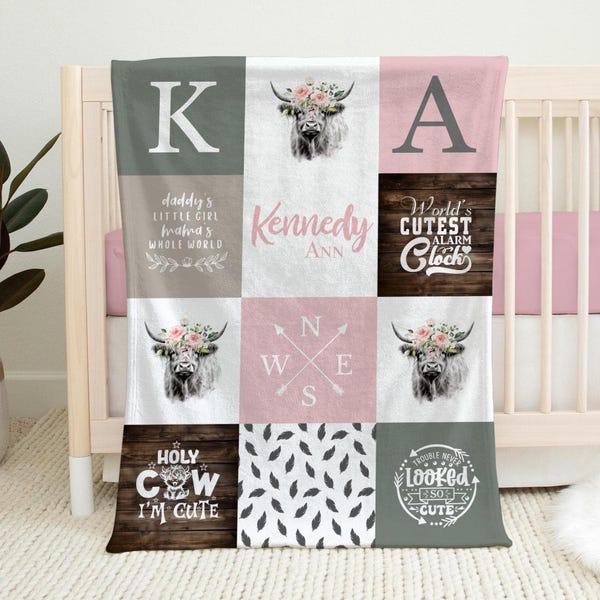 Personalized Baby Girl Blanket, Floral Highland Cow Nursery Decor, Country Nursery