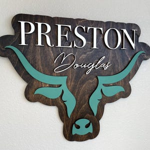 May include: Wooden sign featuring the name "PRESTON" in white capital letters above the name "Douglas" in cursive. The sign is shaped like a bull's head, with teal horns and facial details against a dark brown background.