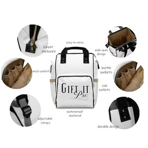May include: White backpack with black accents, featuring the text "GIFT IT Pro." The bag has a wide open design, bottle pockets, mesh pockets, adjustable straps, and a durable design. It is made of waterproof material.