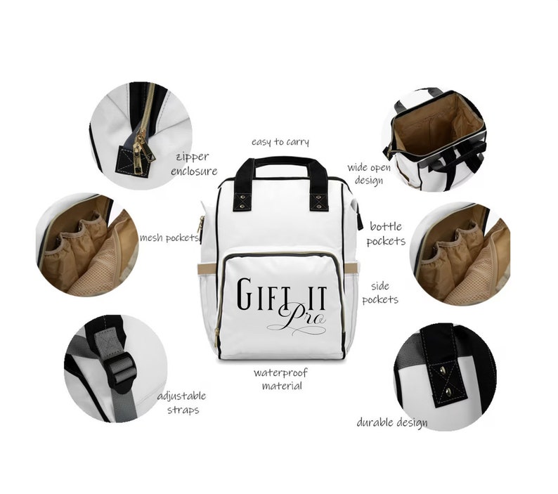 May include: White backpack with black accents, featuring the text "GIFT IT Pro." The bag has a wide open design, bottle pockets, mesh pockets, adjustable straps, and a durable design. It is made of waterproof material.