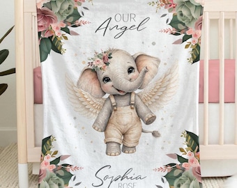 Personalized Angel Blanket For Girls, Customized Baby Gift, Baby Miscarriage Keepsake, Floral Nursery Decor.