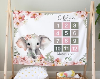 Personalized Baby Milestone Blanket - Floral Elephant Nursery, Light Pink