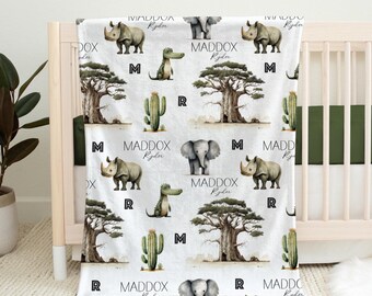 Personalized Safari Baby Blanket, Custom Newborn Gift, Animal Nursery Bedding