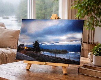 Lighted Columbia River Train Canvas Print with Easel – 8x10 Landscape Photography