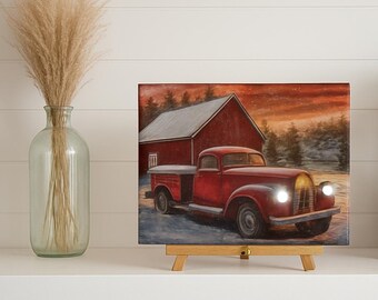 Lighted Red Truck and barn Canvas Print: 8x10 Shelf Decor with Easel