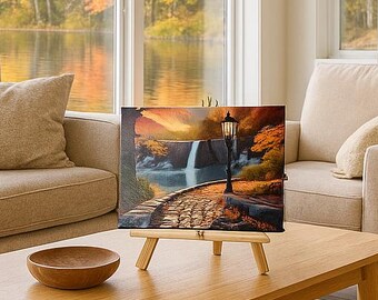 Lighted Fall Waterfall Canvas Print: Desktop Decor with Easel