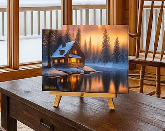 Lighted Snowy Cabin Canvas Print: 8x10 Shelf Decor with Easel