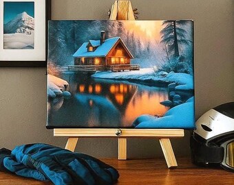 Lighted Snowy Cabin Canvas Print: Winter Scene with Easel