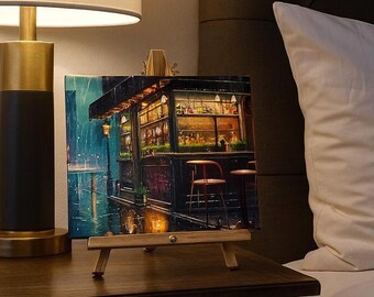Lighted Bar in the Rain Canvas Print: 8x10 Shelf Decor with Easel
