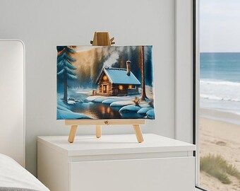 Lighted Snowy Cabin Canvas Print: 8x10 Shelf Decor with Easel