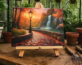 Lighted Waterfall Canvas Print: Autumn Walkway with Easel