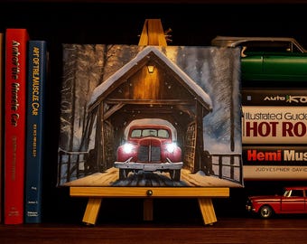 Lighted Red Truck on Bridge Canvas Print: 8x10 Shelf Decor with Easel