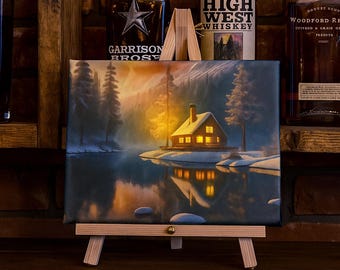 Lighted Snowy Cabin Canvas Print: 8x10 Shelf Decor with Easel