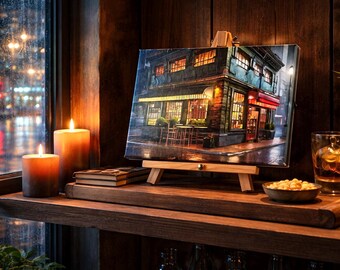 Lighted Bistro in the Rain Canvas Print: 8x10 Shelf Decor with Easel