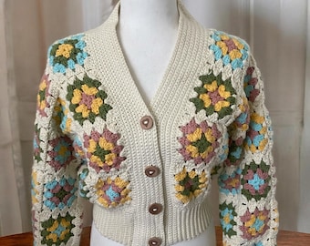 Granny Square Crochet Cardigan Sweater, Boho Handmade Acrylic Knit Top