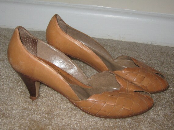 camel peep toe heels