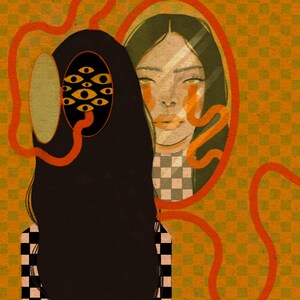 May include: Illustration of a figure with long black hair and a checkered top, facing a mirror. The mirror reflects a face with orange tears. The figure has a mask with multiple yellow eyes. The background is a checkered pattern in orange and yellow.