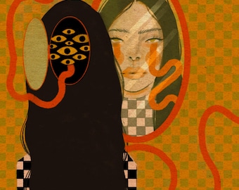 May include: An illustration featuring a figure with long black hair and a checkered top, facing a mirror. The mirror reflects a face with orange tears. The figure has a mask with multiple yellow eyes. The background is a checkered pattern in orange and yellow.