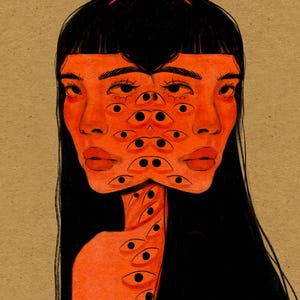 May include: A digital illustration featuring two mirrored faces with long black hair, rendered in shades of orange and black. The central area between the faces and the neck are covered in a vertical pattern of multiple black and white eyes.