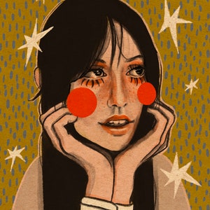 May include: Illustration of a person with black hair, orange blush, and orange eye makeup, resting their chin on their hands. The background is a mustard yellow color with blue dots and white star shapes.