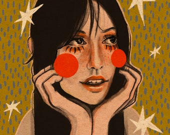 May include: Illustration of a person with black hair, orange blush, and orange eye makeup, resting their chin on their hands. The background is a mustard yellow colour with blue dots and white star shapes.