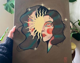 Witchy Art, Original Oil Painting, Neotraditional Tattoo Style, Womanhead with Sun and Stars, Tattoo Art, Unique Painting