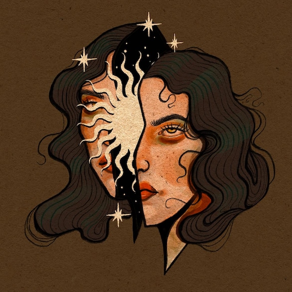 Witchy Art Print | Neotraditional Tattoo Art | Womanhead Art Print | Surreal Art | Celestial Decor