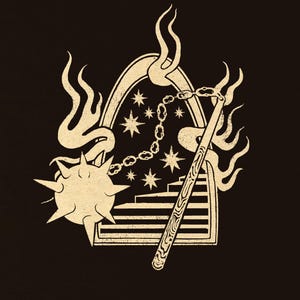 May include: Cream-colored illustration on a black background. The design features a spiked mace, a chain, a staff, stars, flames, and a staircase inside an arch. The style is reminiscent of a woodcut or linocut print.