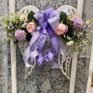 Angel Wing Wreath Purple Filigree Antique White, Metal, Front Door, Home Decor, Spiritual, Memorial, Porch Decor