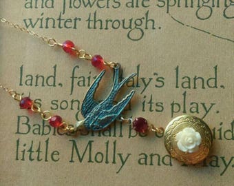 Blue Patina Bird and Locket Necklace