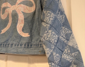 Upcycled denim jean jacket pink bow applique girls size 8