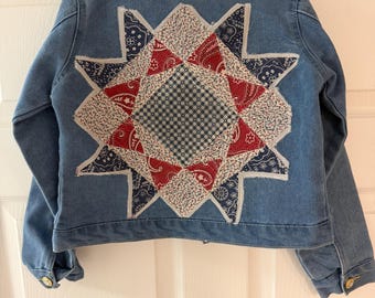 Upcycled Denim Jean Jacket, Quilt Star Applique, Girls Size 7-8