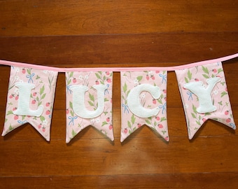 Custom Floral pink baby girl name banner, strawberry and bow print