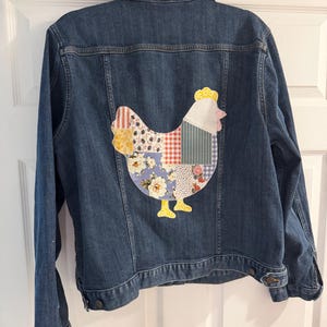 Women’s XL Jean Jacket, Upcycled denim jacket chicken applique